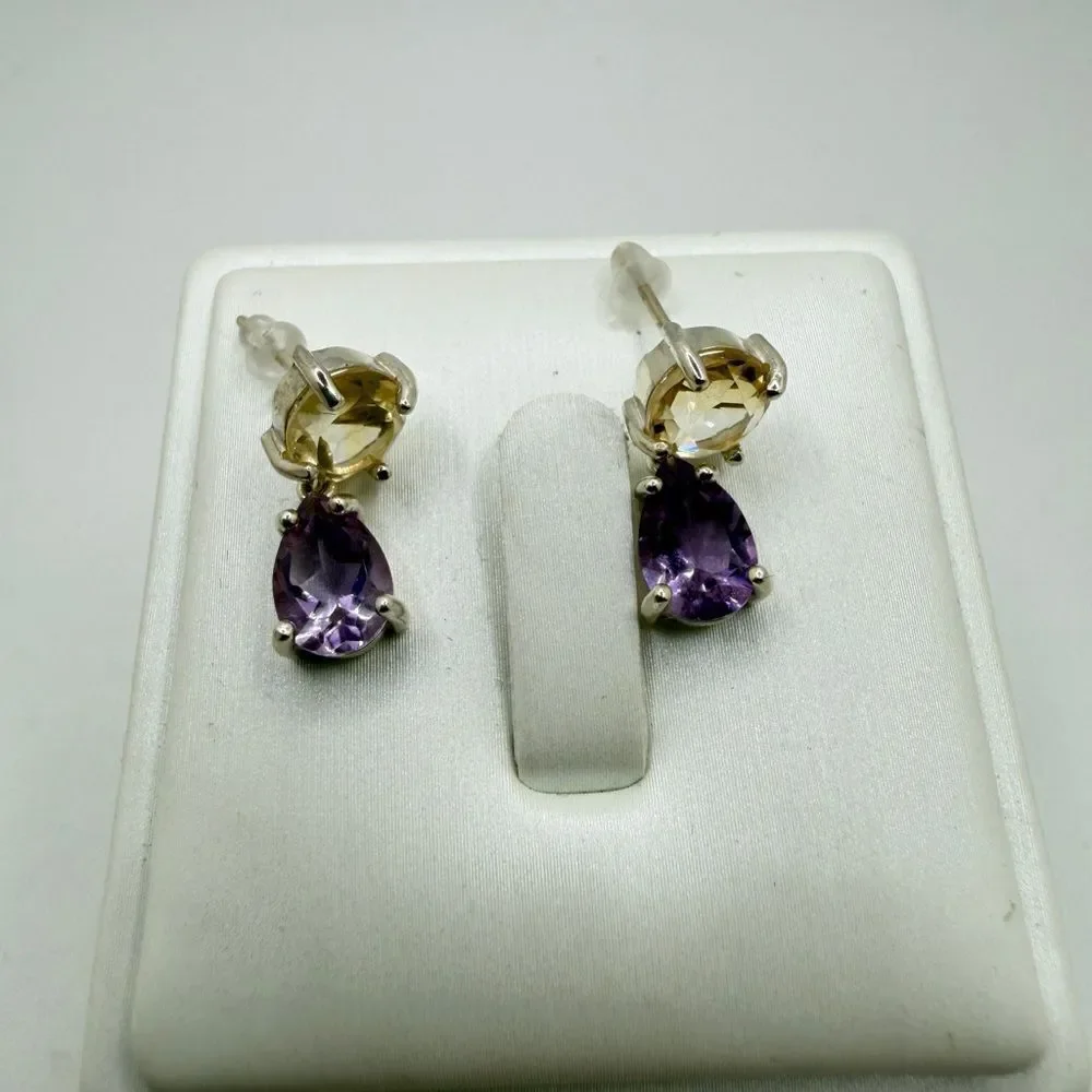 NWOT 9x6mm Amethyst and 7mm citrine dangle earrings in‎ sterling silver!